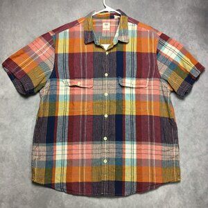 Levis Mens Plaid Shirt size‎ XL Relaxed Short Sleeve Button Up Pocket Red Orange